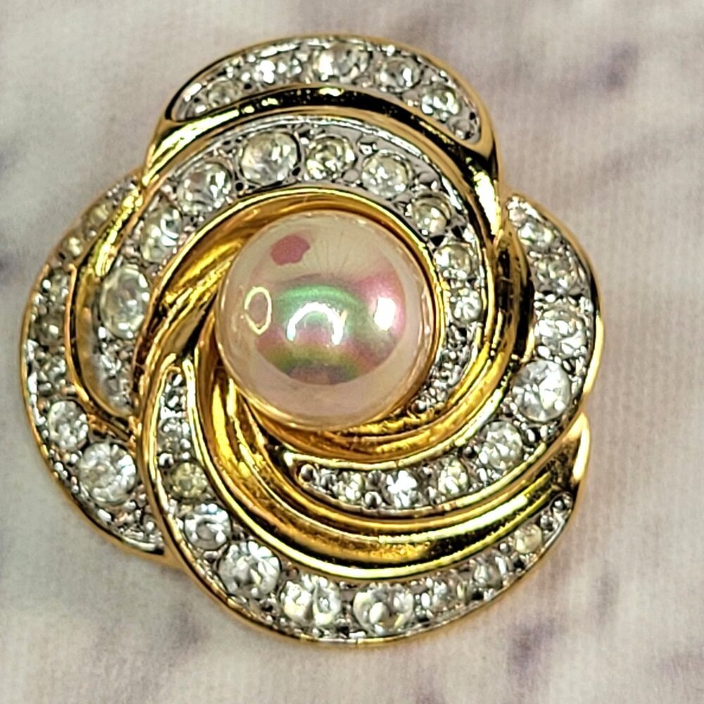 Signed Nolan Miller Faux Pearl & Rhinestone Clip On Earrings Vintage Mint - Picture 2 of 6